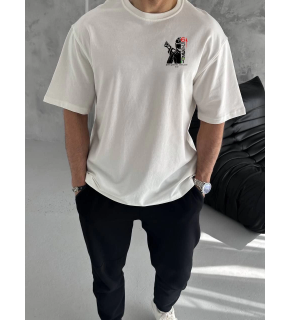 Erkek Kısa Kol Yazlık Tişört Bisiklet Yaka Baskılı Oversize T-Shirt - Beyaz