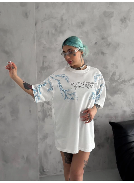 Kadın Bisiklet Yaka Yıldırım Baskılı Kısa kol T-Shirt - Beyaz Kadın Bisiklet Yaka Yıldırım Baskılı Kısa kol T-Shirt - Beyaz