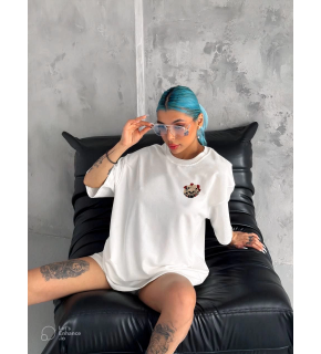 Kadın Kısa Kol Yazlık Tişört Bisiklet Yaka Kuru Kafa Baskılı T-Shirt - Beyaz