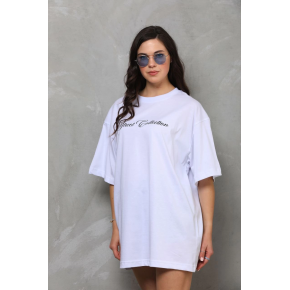 Kadın Baskılı T-Shirt Kısa Kol Bisiklet Yaka Oversize Rahat Kalıp Günlük Tişört - Beyaz