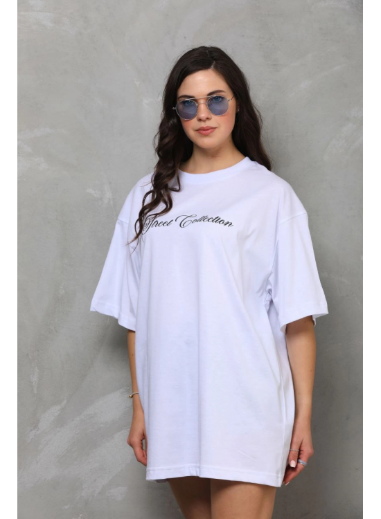 Kadın Baskılı T-Shirt Kısa Kol Bisiklet Yaka Oversize Rahat Kalıp Günlük Tişört - Beyaz Kadın Baskılı T-Shirt Kısa Kol Bisiklet Yaka Oversize Rahat Kalıp Günlük Tişört - Beyaz
