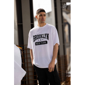 Erkek Kısa Kol Yazlık Tişört Bisiklet Yaka Baskılı Oversize T-Shirt - Beyaz