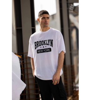 Erkek Kısa Kol Yazlık Tişört Bisiklet Yaka Baskılı Oversize T-Shirt - Beyaz