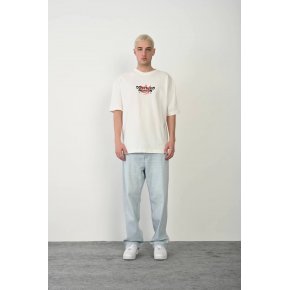 Erkek Kısa Kol Yazlık Tişört Bisiklet Yaka Baskılı Oversize T-Shirt - Beyaz