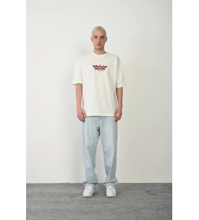 Erkek Kısa Kol Yazlık Tişört Bisiklet Yaka Baskılı Oversize T-Shirt - Beyaz