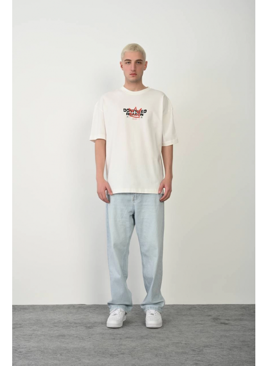 Erkek Kısa Kol Yazlık Tişört Bisiklet Yaka Baskılı Oversize T-Shirt - Beyaz
