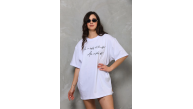 Kadın Kısa Kol Yazlık Tişört Bisiklet Yaka Baskılı Oversize T-Shirt - Beyaz Kadın Kısa Kol Yazlık Tişört Bisiklet Yaka Baskılı Oversize T-Shirt - Beyaz