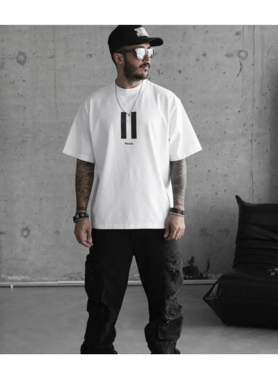 Erkek Kısa Kol Yazlık Tişört Bisiklet Yaka Baskılı Oversize T-Shirt - Beyaz Erkek Kısa Kol Yazlık Tişört Bisiklet Yaka Baskılı Oversize T-Shirt - Beyaz