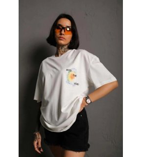 kadın Bisiklet Yaka Baskılı Oversize Kısa kol T-Shirt - Beyaz