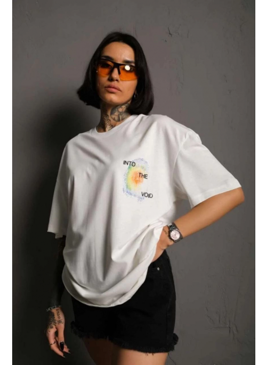kadın Bisiklet Yaka Baskılı Oversize Kısa kol T-Shirt - Beyaz kadın Bisiklet Yaka Baskılı Oversize Kısa kol T-Shirt - Beyaz