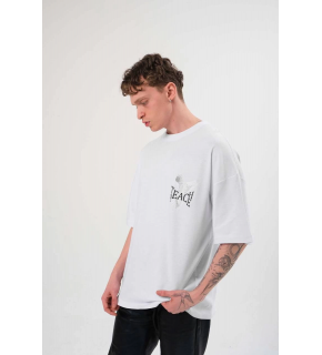 Erkek Kısa Kol Yazlık Tişört Bisiklet Yaka Baskılı Oversize T-Shirt - Beyaz