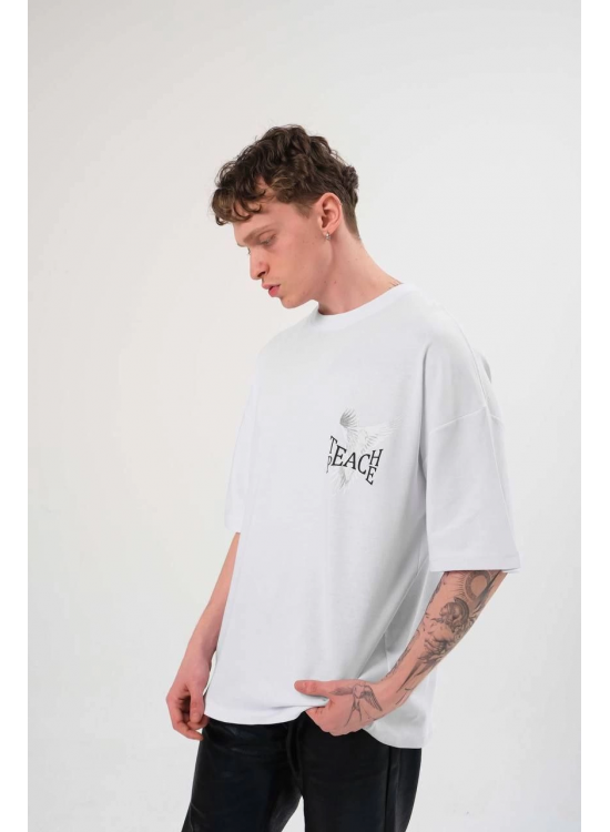 Erkek Kısa Kol Yazlık Tişört Bisiklet Yaka Baskılı Oversize T-Shirt - Beyaz Erkek Kısa Kol Yazlık Tişört Bisiklet Yaka Baskılı Oversize T-Shirt - Beyaz