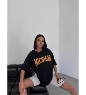 Kadın Baskılı T-Shirt Kısa Kol Bisiklet Yaka Oversize Tişört - Siyah