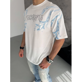 Erkek Bisiklet Yaka Tişört Yıldırım Şimşek Baskılı Kısa Kol T-Shirt - Beyaz