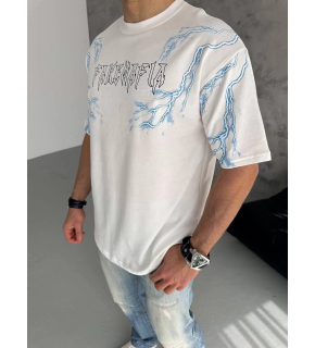 Erkek Bisiklet Yaka Tişört Yıldırım Şimşek Baskılı Kısa Kol T-Shirt - Beyaz