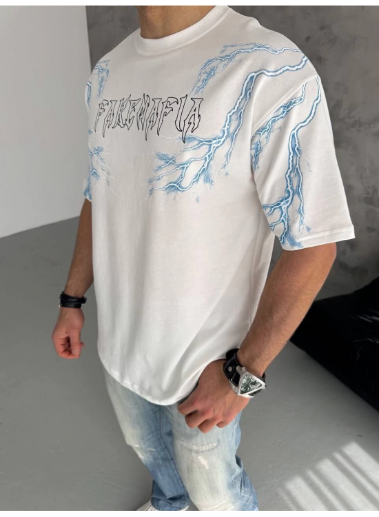 Erkek Bisiklet Yaka Tişört Yıldırım Şimşek Baskılı Kısa Kol T-Shirt - Beyaz Erkek Bisiklet Yaka Tişört Yıldırım Şimşek Baskılı Kısa Kol T-Shirt - Beyaz