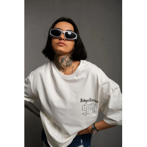 kadın Bisiklet Yaka Baskılı Oversize Kısa kol  T-Shirt - Beyaz