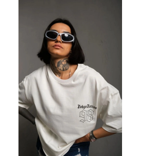 kadın Bisiklet Yaka Baskılı Oversize Kısa kol  T-Shirt - Beyaz
