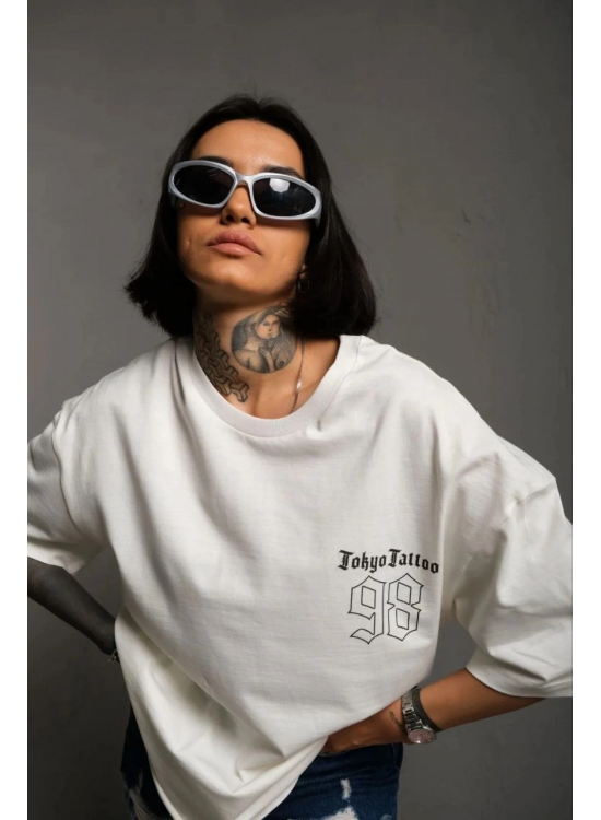 kadın Bisiklet Yaka Baskılı Oversize Kısa kol T-Shirt - Beyaz kadın Bisiklet Yaka Baskılı Oversize Kısa kol T-Shirt - Beyaz