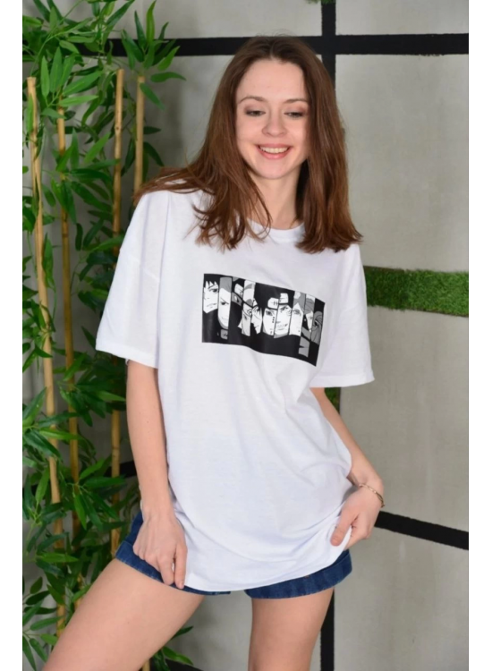 Kadın Bisiklet Yaka Baskılı Kısa kol Oversize T-Shirt - Beyaz Kadın Bisiklet Yaka Baskılı Kısa kol Oversize T-Shirt - Beyaz