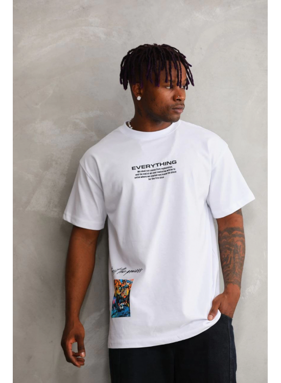 Erkek Bisiklet Yaka Baskılı Oversize T-Shirt - Beyaz Erkek Bisiklet Yaka Baskılı Oversize T-Shirt - Beyaz