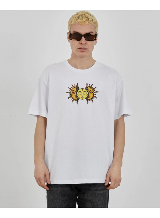 Erkek Kısa Kol Yazlık Tişört Bisiklet Yaka Baskılı Oversize T-Shirt - Beyaz
