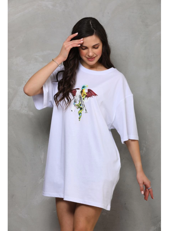 Kadın Baskılı T-Shirt Kısa Kol Bisiklet Yaka Regular Fit Rahat Kalıp Günlük Tişört - Beyaz Kadın Baskılı T-Shirt Kısa Kol Bisiklet Yaka Regular Fit Rahat Kalıp Günlük Tişört - Beyaz