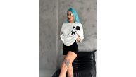 kadın Bisiklet Yaka Baskılı Oversize Kısa kol T-Shirt - Beyaz kadın Bisiklet Yaka Baskılı Oversize Kısa kol T-Shirt - Beyaz