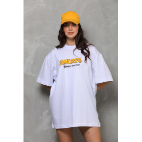 kadın Bisiklet Yaka Baskılı Oversize T-Shirt - Beyaz