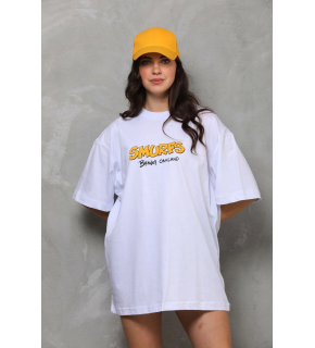 kadın Bisiklet Yaka Baskılı Oversize T-Shirt - Beyaz
