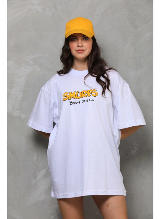 kadın Bisiklet Yaka Baskılı Oversize T-Shirt - Beyaz kadın Bisiklet Yaka Baskılı Oversize T-Shirt - Beyaz