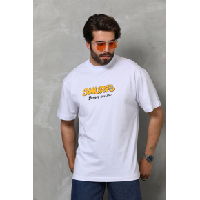Erkek Kısa Kol Yazlık Tişört Bisiklet Yaka Baskılı Oversize T-Shirt - Beyaz