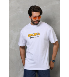 Erkek Kısa Kol Yazlık Tişört Bisiklet Yaka Baskılı Oversize T-Shirt - Beyaz