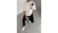 Erkek Kısa Kol Tişört Bisiklet Yaka GÜL Baskılı Oversize T-Shirt - Beyaz