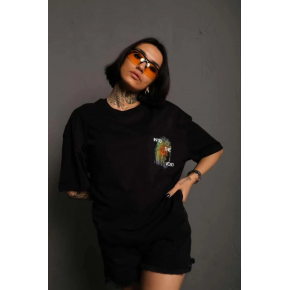 kadın Bisiklet Yaka Baskılı Oversize Kısa kol T-Shirt - Siyah