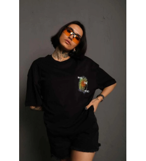 kadın Bisiklet Yaka Baskılı Oversize Kısa kol T-Shirt - Siyah