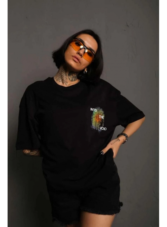 kadın Bisiklet Yaka Baskılı Oversize Kısa kol T-Shirt - Siyah kadın Bisiklet Yaka Baskılı Oversize Kısa kol T-Shirt - Siyah