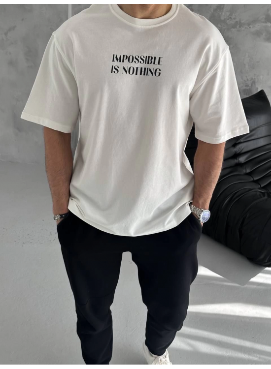 ERKEK Tişört Bisiklet Yaka Baskılı Oversize Kısa kol T-Shirt - Beyaz