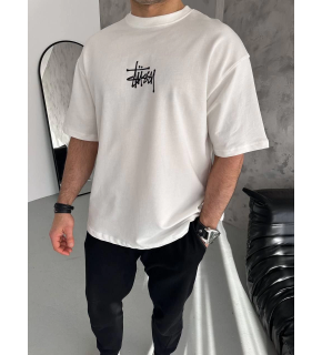 Erkek Tişört Bisiklet Yaka Baskılı Oversize Kısa kol T-Shirt - Beyaz