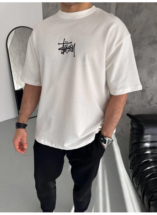 Erkek Tişört Bisiklet Yaka Baskılı Oversize Kısa kol T-Shirt - Beyaz Erkek Tişört Bisiklet Yaka Baskılı Oversize Kısa kol T-Shirt - Beyaz