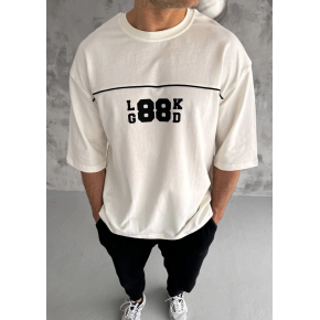 Erkek Kısa Kol Yazlık Tişört Bisiklet Yaka Baskılı Oversize T-Shirt - Beyaz