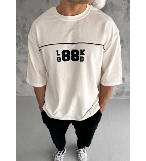 Erkek Kısa Kol Yazlık Tişört Bisiklet Yaka Baskılı Oversize T-Shirt - Beyaz