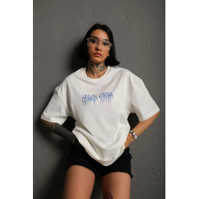 kadın Bisiklet Yaka Baskılı Oversize Kısa kol  T-Shirt - Beyaz