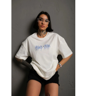kadın Bisiklet Yaka Baskılı Oversize Kısa kol  T-Shirt - Beyaz
