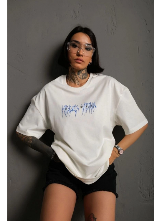 kadın Bisiklet Yaka Baskılı Oversize Kısa kol T-Shirt - Beyaz kadın Bisiklet Yaka Baskılı Oversize Kısa kol T-Shirt - Beyaz