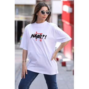 Kadın Baskılı T-Shirt Kısa Kol Bisiklet Yaka Oversize Rahat Kalıp Günlük Tişört - Beyaz