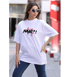 Kadın Baskılı T-Shirt Kısa Kol Bisiklet Yaka Oversize Rahat Kalıp Günlük Tişört - Beyaz