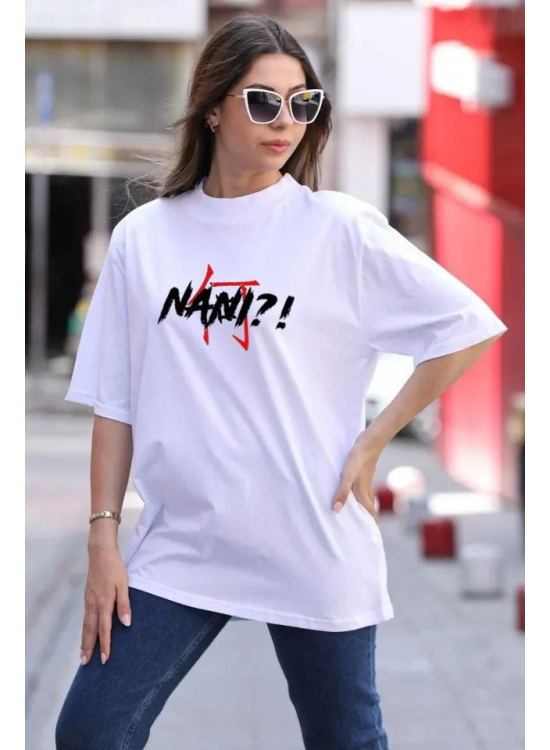 Kadın Baskılı T-Shirt Kısa Kol Bisiklet Yaka Oversize Rahat Kalıp Günlük Tişört - Beyaz Kadın Baskılı T-Shirt Kısa Kol Bisiklet Yaka Oversize Rahat Kalıp Günlük Tişört - Beyaz