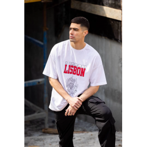 Erkek Kısa Kol Yazlık Tişört Bisiklet Yaka Baskılı Oversize T-Shirt - Beyaz