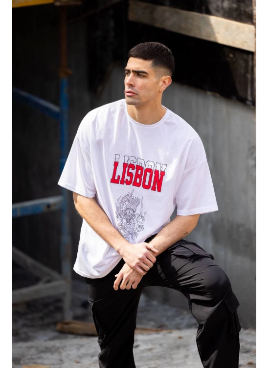 Erkek Kısa Kol Yazlık Tişört Bisiklet Yaka Baskılı Oversize T-Shirt - Beyaz Erkek Kısa Kol Yazlık Tişört Bisiklet Yaka Baskılı Oversize T-Shirt - Beyaz